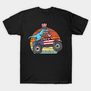 Kids TRex Dino Monster Truck Kids 4Th Of July Baby Boys Toddler T-Shirt